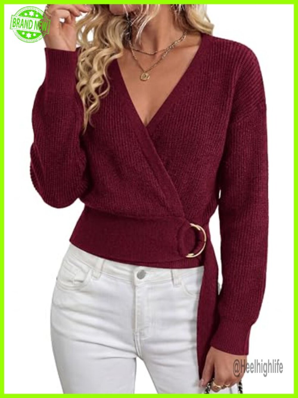Long Sleeve Wrap V Neck Belted Cropped Sweater Pullover